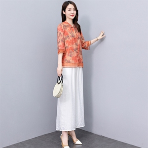 中年妈妈天丝麻套装女夏2024新款新中式印花盘扣小衫阔腿裤两件套图片