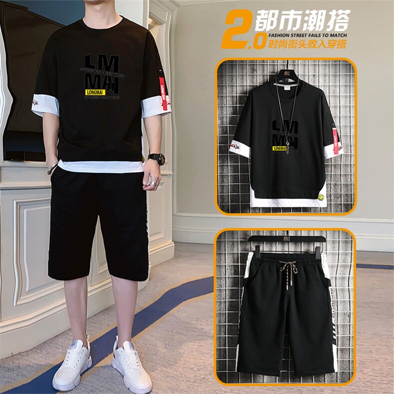2021夏季新款休闲青少年大码纯棉潮短袖T恤男士学生套装TZ8536P50,男装休闲套装,星座217-4