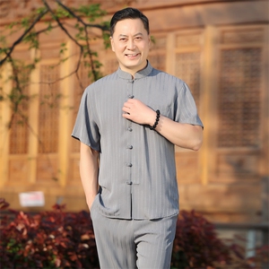 中老年风唐装夏季短袖衬衫套装男士唐装中式盘扣短袖T恤图片