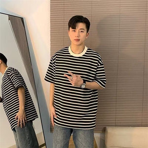 现货条纹短袖t恤男女夏季新款宽松上衣服情侣1008-WL377-P42