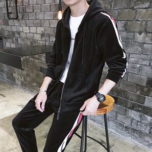 冬季加绒加厚金丝绒两件套运动服套装休闲卫衣套装男装DS297T图片