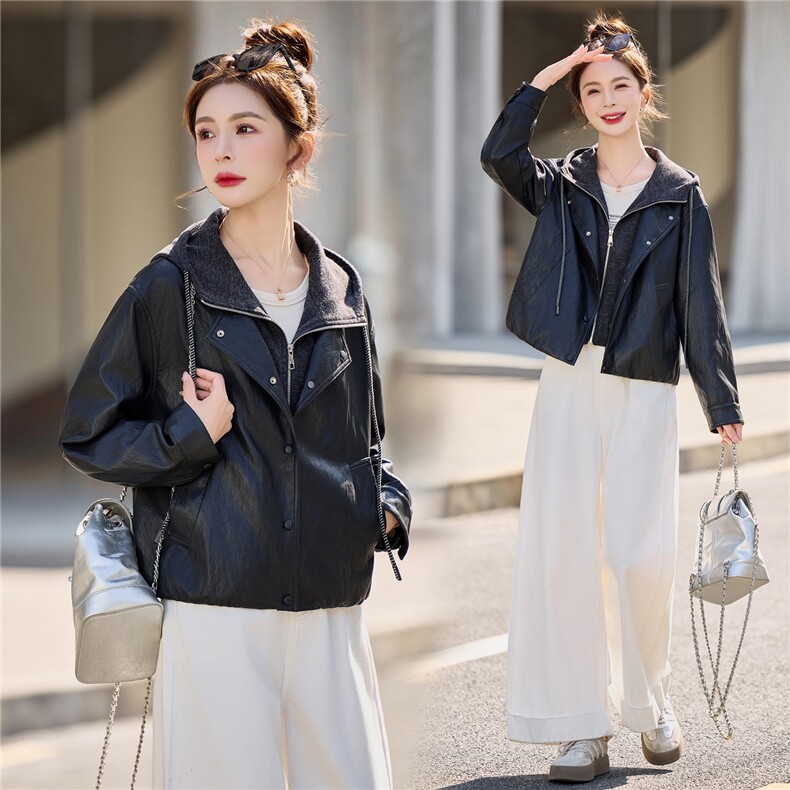 【春季女装新款】2026春季大量现货时尚休闲连帽假两件皮衣外套，女装皮衣，缘衣格
