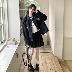藏青色刺绣牛仔外套女春秋2025新款学院风小个子短款百搭翻领上衣图片