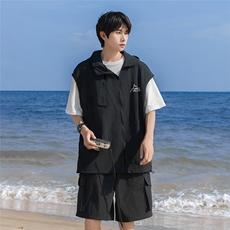 港风24夏款时尚无袖连帽拉链套装TZ614801P70控98，男装休闲套装，电商A268A