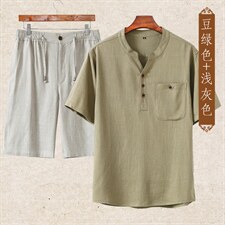 主推款高端夏季男士唐装中年棉麻套装中老年高品质亚麻短袖T恤，男装中老年男装，钱塘723