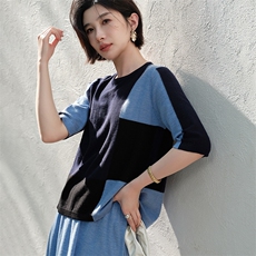 女士嵌花圆领短袖，女装针织衫/毛衣，江帆羊绒