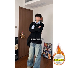 重磅加绒硬挺boxy男女美式高街假两件衬衫领长袖卫衣POLO领打底衫，男装T恤，电商A486