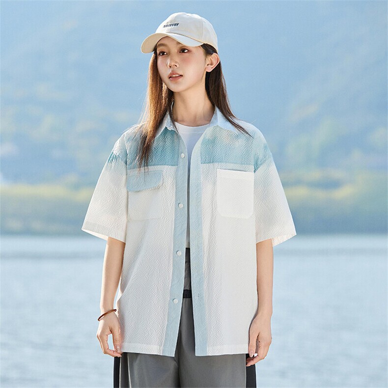 渐变色华夫格短袖衬衫女夏季薄款宽松衬衣外套A406C6051特P45,男装衬衫,星座309（原A406）