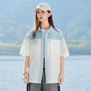 渐变色华夫格短袖衬衫女夏季薄款宽松衬衣外套A406C6051特P45,黑白格裤子搭配什么颜色上衣图片欣赏图片