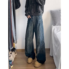 美式解构水洗牛仔裤男女街头休闲抓痕设计微喇直筒拖地长裤潮，男装牛仔裤，四季星座505