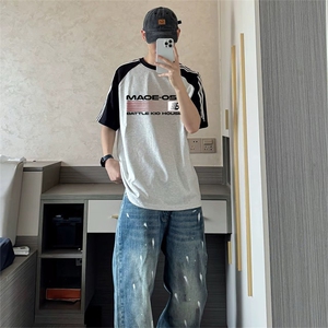 抖音得物品质二开240克宽松纯棉美式潮牌插肩三杠织带短袖T恤图片