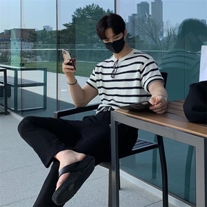 W9613-P43 网图现货 夏季冰丝短袖T恤韩系轻奢风条纹针织衫透气图片