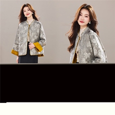 冬季新款加厚棉衣新中式重工提花珍珠扣立领拼接款两面穿外套女，女装棉衣/棉服，央宝儿