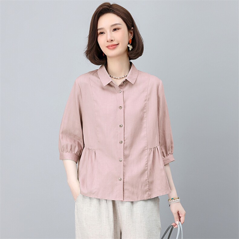 天丝亚麻衬衫女夏季薄款2025新款棉麻上衣休闲洋气妈妈款高贵小衫,女装衬衫,忆绮罗