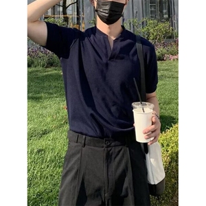 夏季新款英伦帅气棉制V领透气短袖T恤男百搭纯色纽扣上衣 T188图片