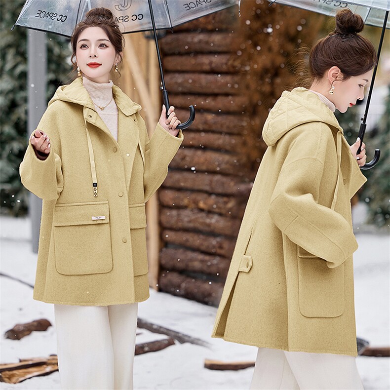 双面羊绒大衣女2024秋冬新款小个子高端气质中长款连帽毛呢外套春，女装双面呢大衣，关键词