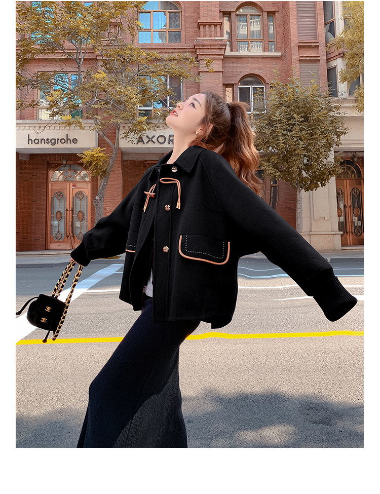 双面呢大衣女冬独特别致牛角扣短毛呢外套,女装双面呢大衣,浙宝201