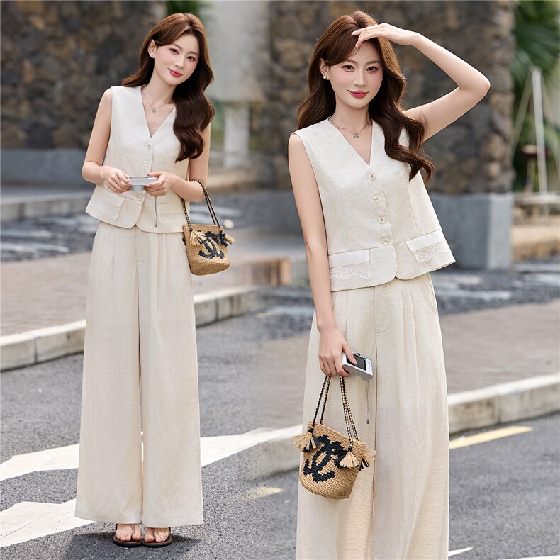 轻熟风通勤气质套装女2026夏季麻料薄款西装马甲上衣阔腿裤两件套，女装套装/套裙，艾仟回(原伊仟回)