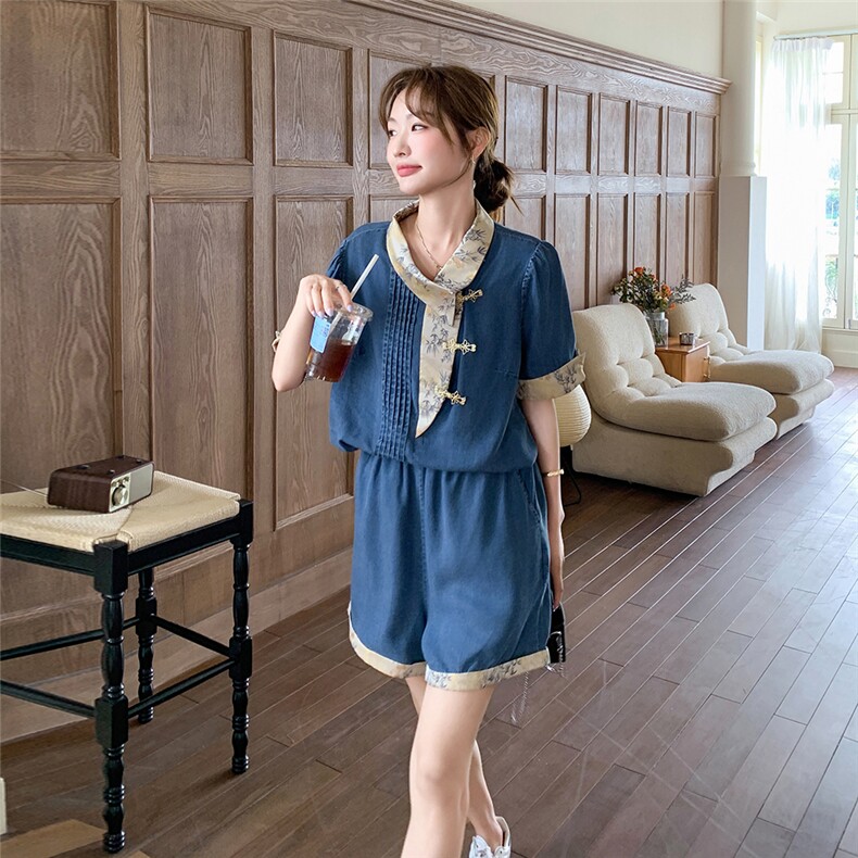新中式国风牛仔盘扣上衣短裤两件套女2025年夏季新款减龄气质穿搭,女装套装/套裙,含赞