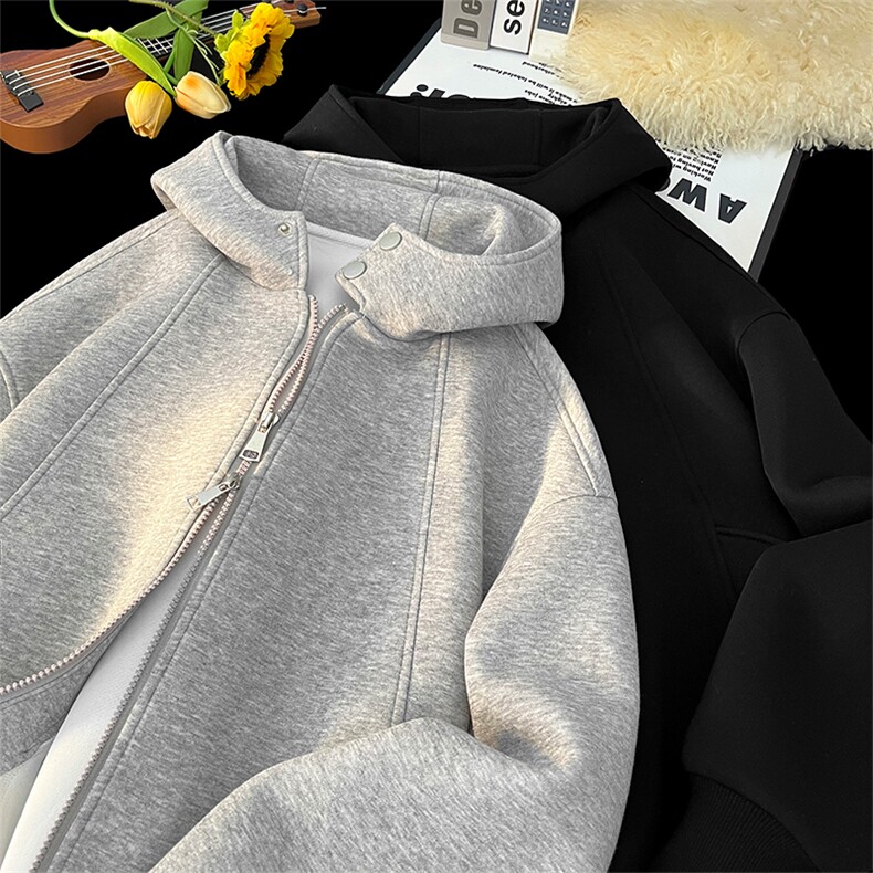 秋冬美式复古开衫连帽卫衣外套男女设计感情侣上衣W4692-特价P63，女装短外套，电商A007