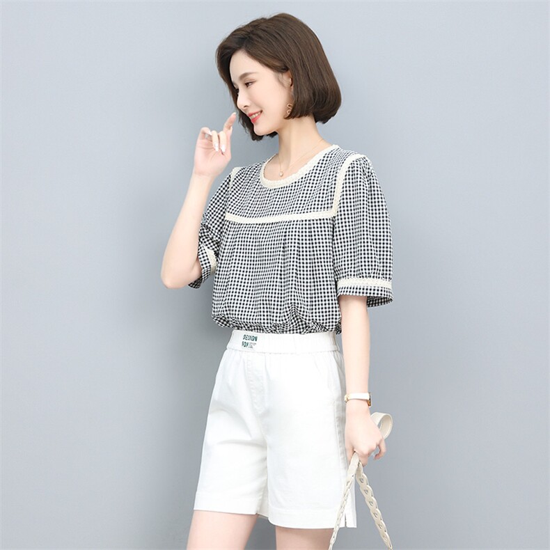 短裤套装夏季女2024新款宽松显瘦格子上衣洋气减龄时尚两件套,女装套装/套裙,涵誉