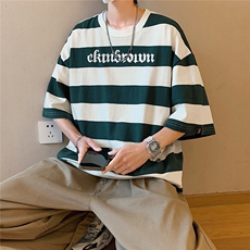 1港风美式字母印花设计T恤男大码潮宽条纹短袖T恤77023P35控58，男装T恤，星座226-2