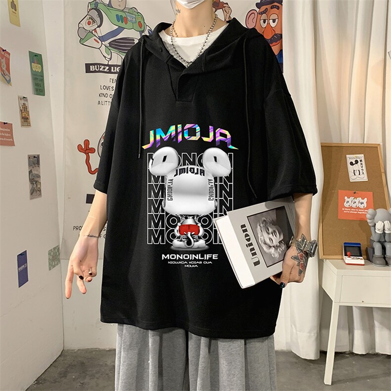 LD54214-P45连帽短袖t恤男大码胖子带帽五分袖中袖,男装T恤,电商A040