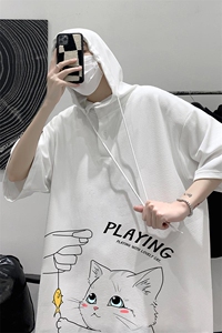 LD54129-P45 连帽短袖t恤男大码胖子带帽五分袖中袖 大皂风图片