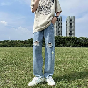 美式复古水洗做旧破洞牛仔裤男ins高街N997P35图片