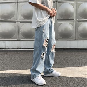 个性破洞牛仔裤男直筒宽松ins九分休闲裤情侣乞丐裤子NK8098-P40图片