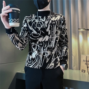 高级感痞帅提花半高领毛衣修身社会小伙店主风301C-M78-P78控108图片