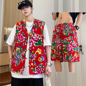 TZ02东北大花民族风风马甲短裤套装大码抖音网红同款汉服男女图片