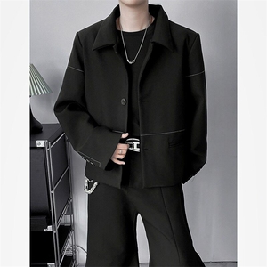 黑色短款垫肩西装外套男痞帅夹克老钱风穿搭dk西服W6555-P63图片