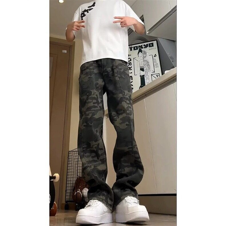W9516-P45网图现货美式复古迷彩裤微喇军绿色潮牌工装牛仔裤,男装牛仔裤,星座1608-2