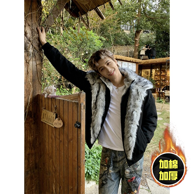 现货高品质美式高街重磅狼王座山雕毛毛领假两件棉衣加厚棉服外套，男装棉衣，电商A486