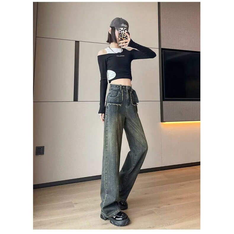 大码胖mm复古毛边阔腿牛仔裤女2025年春季新款高腰宽松显瘦直筒裤,男装牛仔裤,星座506A