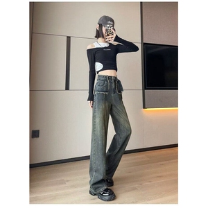 大码胖mm复古毛边阔腿牛仔裤女2025年春季新款高腰宽松显瘦直筒裤图片