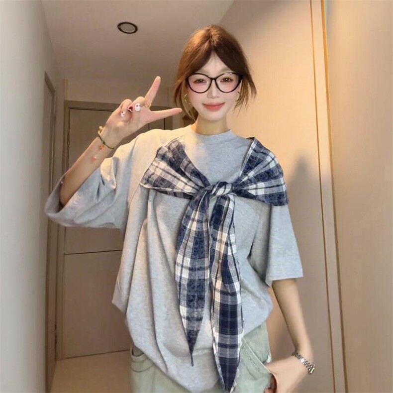 拼接格子布装饰高品质260克双纱纯棉美式高街短袖T恤特P35，男装T恤，电商A486-1