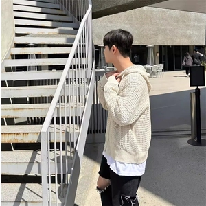 751-P45 镂空针织衫男生韩版超火小众感连帽透气休闲拉链开衫图片