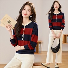 秋冬羊毛针织衫撞色时尚圆领洋气条纹新款百搭上衣宽松毛衣打底衫，女装羊毛衫，艾米