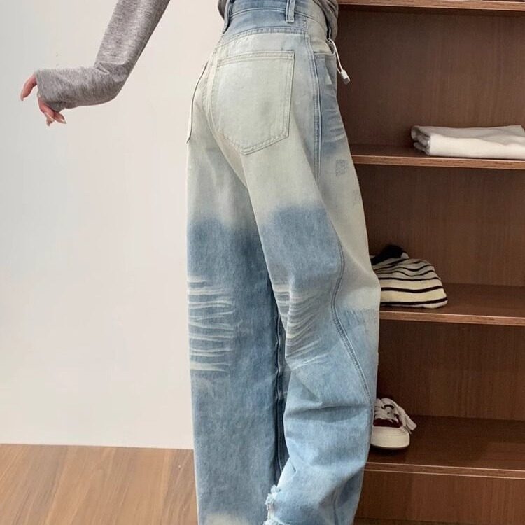 美式复古浅蓝色破洞牛仔裤男女情侣年春秋设计感直筒高腰阔腿裤,男装牛仔裤,星座506A