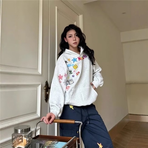 印花卫衣男女2025年春秋季韩版新款连帽宽松上衣打底衫港风潮流图片