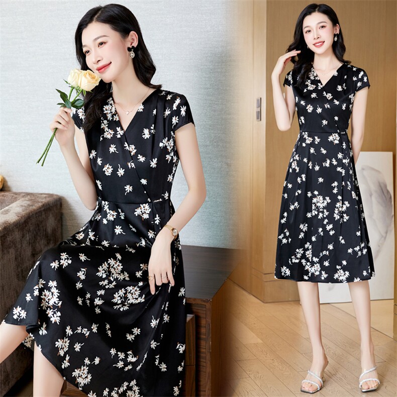 杭州重磅真丝连衣裙女夏季2025新款V领显瘦高端缎面桑蚕丝碎花裙,女装连衣裙,阿舍尔精品