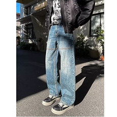 高街复古水洗牛仔裤男宽松做旧青少年微喇直筒阔腿裤子AM814P50，男装牛仔裤，星座1013-5