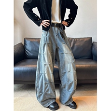 口袋弯刀牛仔裤男女微喇炸街阔腿直筒工装长裤美式RK3282-P55，男装牛仔裤，星座412-3