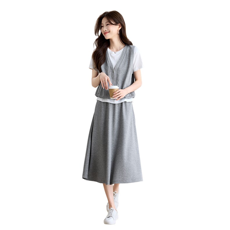 夏装灰色慵懒风休闲运动服女2026新款高级感卫衣连衣裙,女装连衣裙,简韵佳