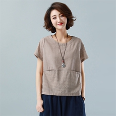 短袖t恤女夏装新款韩版宽松百搭显瘦休闲棉麻风条纹上衣，女装T恤，鑫鑫格