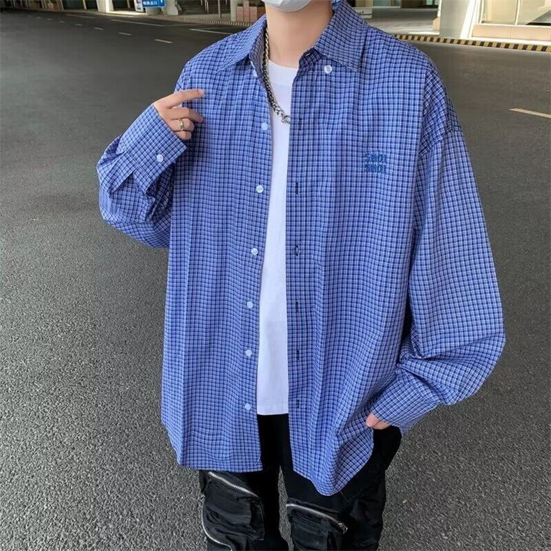 青少年刺绣格子慵懒长袖衬衫男女高级感百搭宽松衬衣外套C153,男装衬衫,星座1116A-1（原606A）