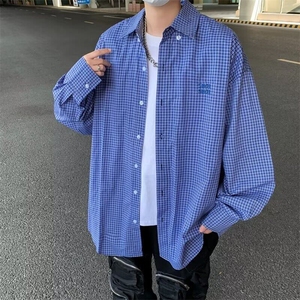 青少年刺绣格子慵懒长袖衬衫男女高级感百搭宽松衬衣外套C153,黑白条纹长t恤怎么搭配外套图片
