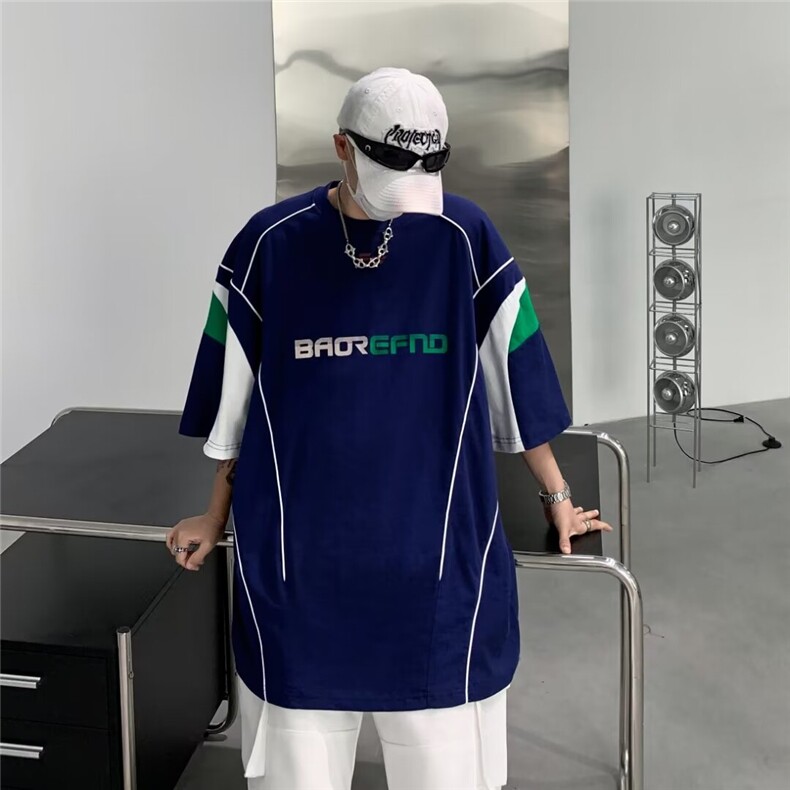 美式复古运动球服线条拼接短袖T恤男夏新款宽松球衣DT03-P42,男装T恤,星座1001-1